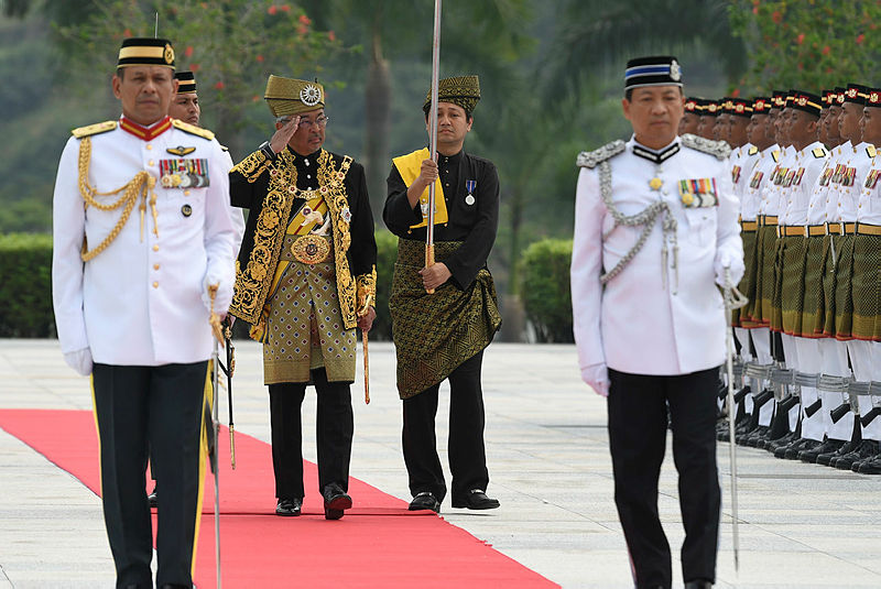 The Yang di-Pertuan Agong Al-Sultan Abdullah Ri’ayatuddin Al-Mustafa Billah Shah inspects a guard-of-honour mounted by four officers and 103 men of other ranks from the First Battalion of the Royal Malay Regiment, led by Maj Mohd Shaiful Amir Omar, during his official birthday ceremony, on Sept 9, 2019. — Bernama