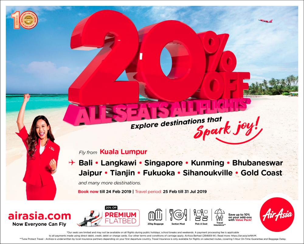AirAsia offers 20% off all seats on all flights