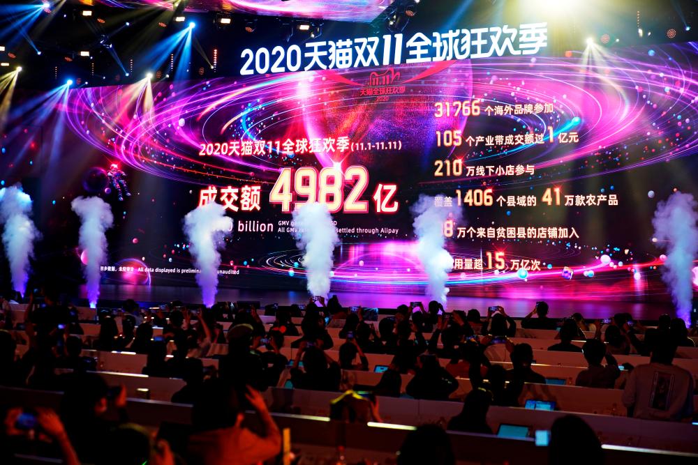A screen shows the value of goods being transacted during Alibaba Group's Singles' Day global shopping festival at a media center in Hangzhou, Zhejiang province, China, on Wednesday. – REUTERSPIX