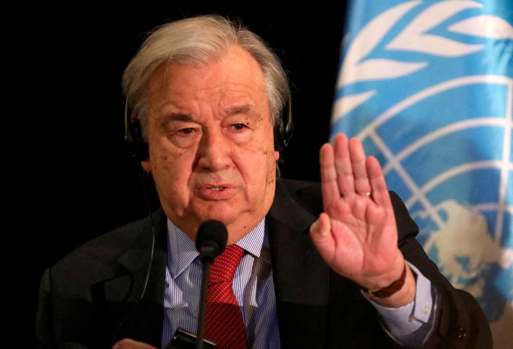 FILE PHOTO: United Nations Secretary-General Antonio Guterres gestures as he attends a news conference at the end of his visit to Lebanon, in Beirut, Lebanon December 21, 2021. REUTERSpix