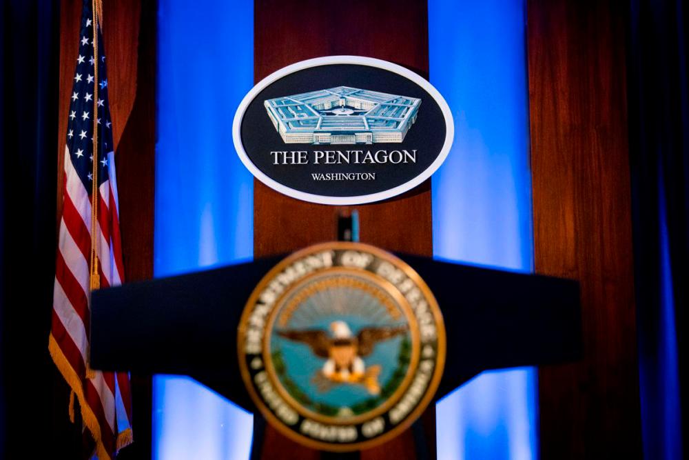 The Pentagon logo is seen behind the podium in the briefing room at the Pentagon in Arlington, Virginia, U.S., January 8, 2020. -Reuters