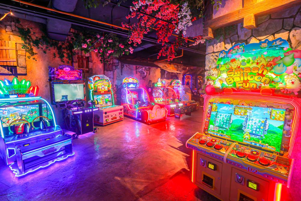 $!The brightly-lit neon arcade games.