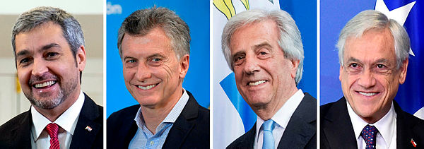 Composition created on Feb 14, 2019 with pictures of (L-R) Paraguay’s President Mario Abdo Benitez in Santiago, on July 3, 2018, Argentina’s President Mauricio Macri in Buenos Aires on Oct 24, 2016, Uruguay’s President Tabare Vazquez in Berlin on Feb 8, 2017 and Chile’s President Sebastian Pinera in Brussels on Oct 12, 2018. — AFP