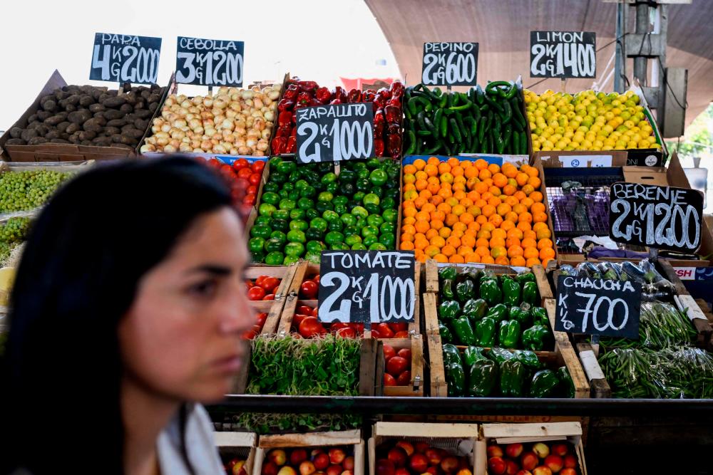 View of a fruit and vegetables stall at the Central Market in Buenos Aires, on January 9, 2024. The National Institute of Statistics and Census (Indec) announced the inflation rate for the month of December, 25.5%, thus the year 2023 closed with an annual inflation of 211.4%, one of the highest in the world/AFPPix