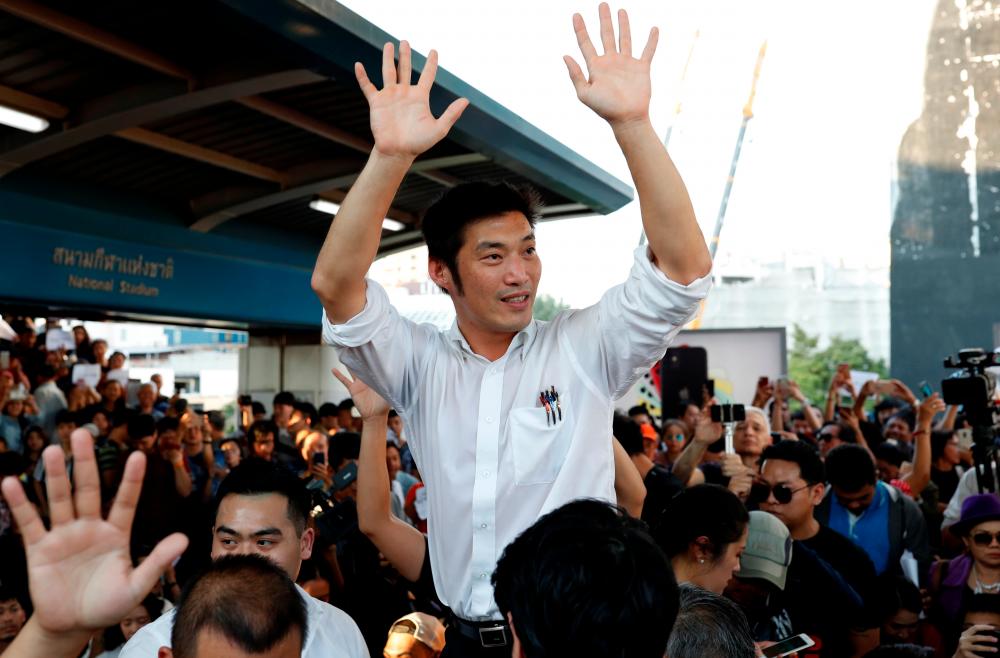 Thanathorn Juangroongruangkit of Thailand's progressive Future Forward Party reacts with his supporters at a sudden unauthorised rally in Bangkok, Thailand December 14, 2019. - Reuters