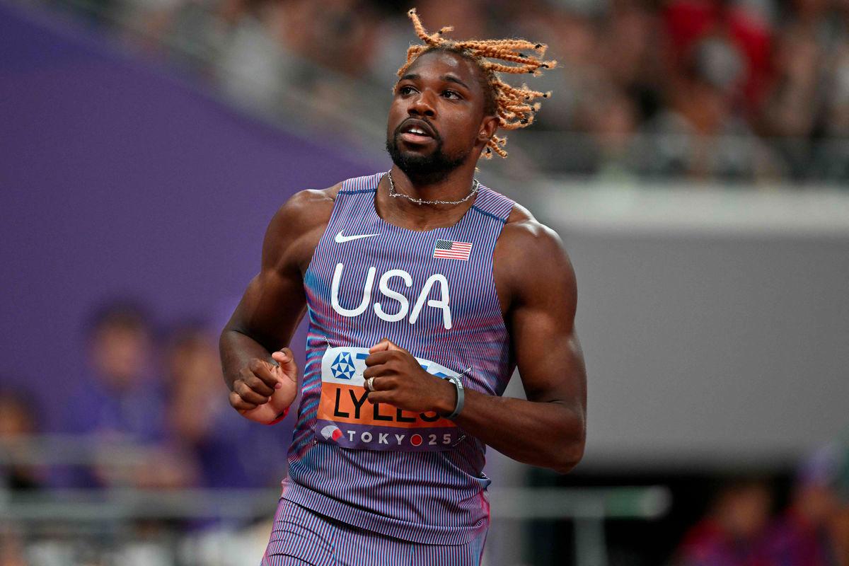 US sprinter Noah Lyles celebrates after competing in the men's 100m heats during the World Athletics Championships in Tokyo on September 13, 2025. - AFPPIX