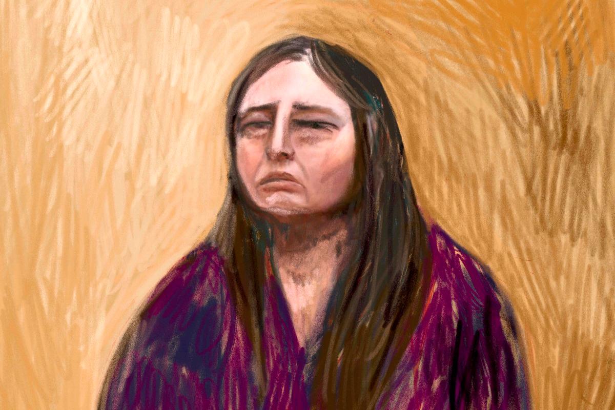 A handout court sketch drawn from a video link on June 2, 2025, and received on June 19, 2025, shows Erin Patterson, an Australian woman accused of murdering three people with a toxic mushroom-laced beef Wellington. - AFP PHOTO / ANITA LESTER/ LATROBE VALLEY LAW COURTS