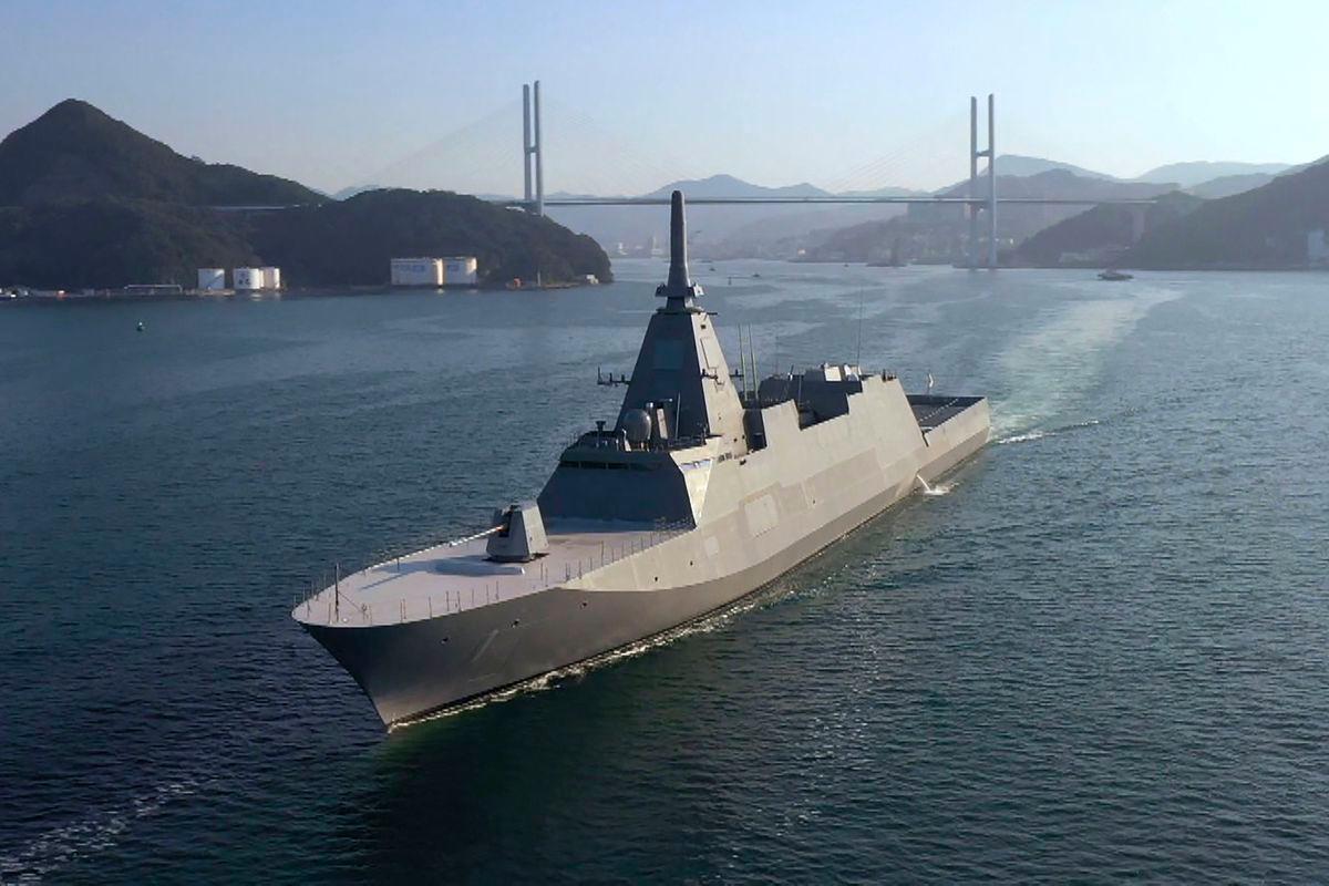 This undated handout photo released by the Australian Defence Force on August 5, 2025 shows the Japanese Maritime Self-Defence Force (JMSDF) frigate JS Mogami (FFM-1) sailing in an undisclosed location. - AFPPIX/AUSTRALIAN DEFENCE FORCE
