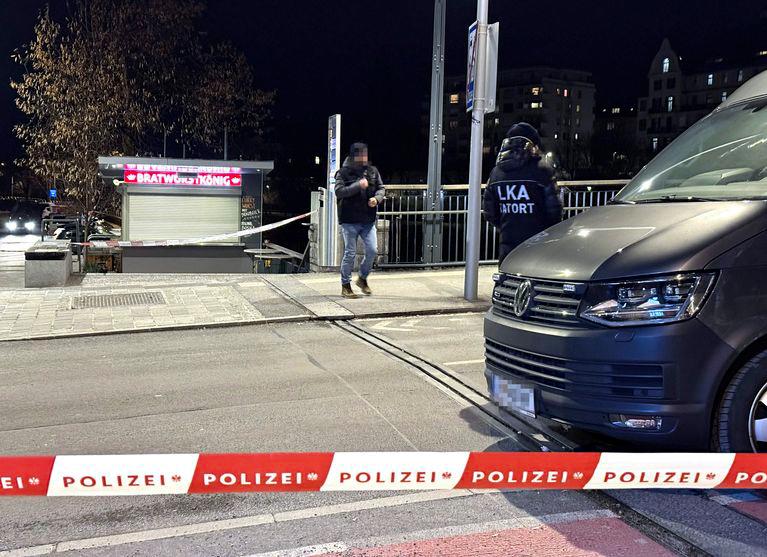 Officers of the Austrian State Criminal Police are seen near a police cordon after a knife attack near the main square in the city centre of Villach, southern Austria on February 15, 2025.- AFPPIX