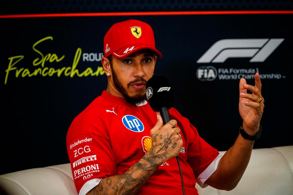 Ferrari’s British driver Lewis Hamilton speaks during a press conference ahead of the Formula One Grand Prix of Belgium at the Spa-Francorchamps circuit in Francorchamps, on July 24, 2025 - Photo by Dimitar DILKOFF / AFP