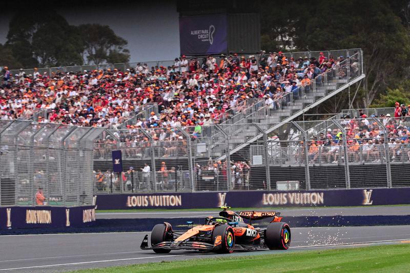 McLaren's British driver Lando Norris drives during the qualifying session of the Formula One Australian Grand Prix at the Albert Park Circuit in Melbourne on March 15, 2025. - AFPPIX