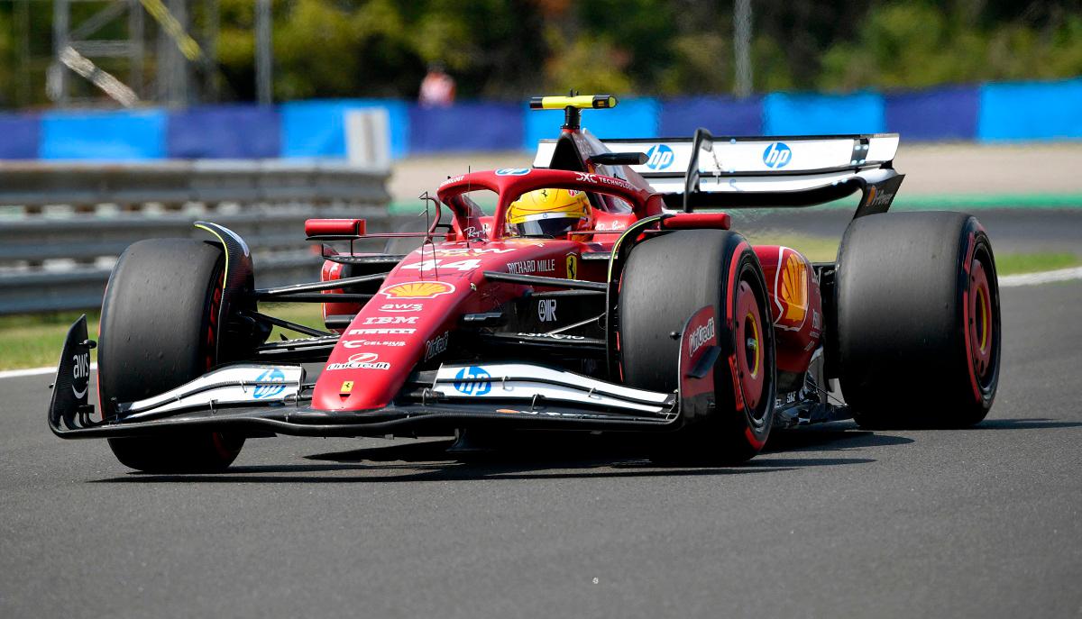 Ferrari’ British driver Lewis Hamilton attends the third practice session ahead of the Formula One Hungarian Grand Prix at the Hungaroring circuit in Mogyorod near Budapest, Hungary, on August 2, 2025. - Ferenc ISZA / AFP