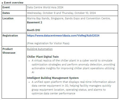 $!Azbil to Exhibit at Data Centre World Asia 2024