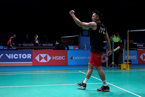 Lin Dan of China celebrates winning the men’s singles semi-final match against Shi Yuqi of China at the Malaysia Open badminton tournament in Kuala Lumpur on April 6, 2019. — AFP