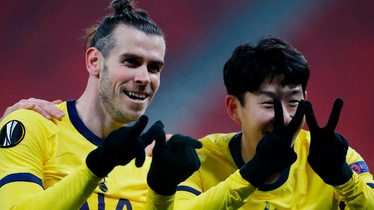 Tottenham Hotspur’s Son Heung-min (right) celebrates scoring their first goal with Gareth Bale during their Europa League match against Wolfsberg on Feb 19, 2021. – REUTERSPIX