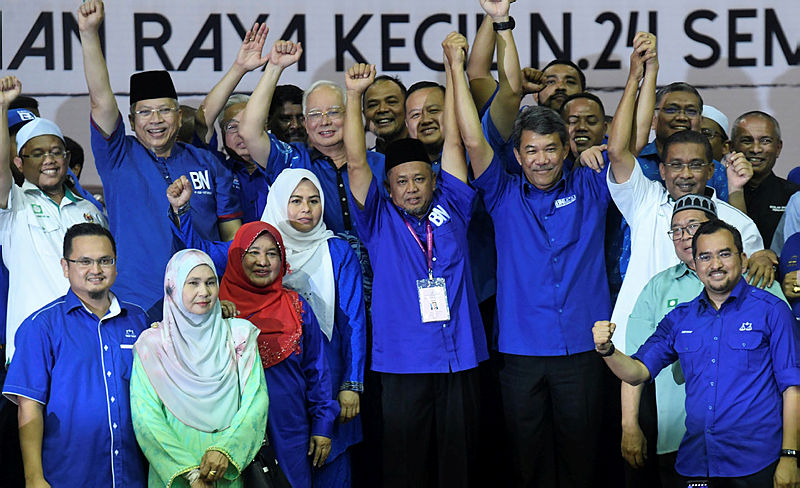BN’s candidate for the Semenyih by-election Zakaria Hanafi (5th L, front) poses with acting Umno president Datuk Seri Mohamad Hasan (4th R, front) with the rest of party members after winning the seat, on March 3, 2019. — Bernama