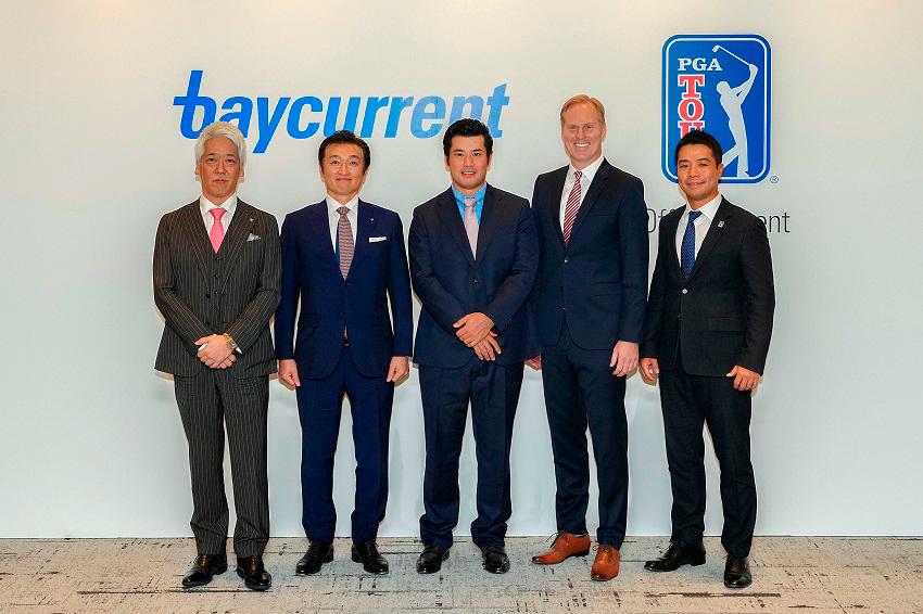 From Left: Daisuke Kitakaze, Vice President of Baycurrent Inc, Yoshiyuki Abe, Baycurrent Inc President and Representative Director, Hideki Matsuyama, Christian Hardy, Senior Vice President, International, PGA TOUR, Chris Lee, Senior Vice President and Managing Director, PGA Tour Japan pose for a photo after the launch of the Baycurrent Classic in Tokyo.