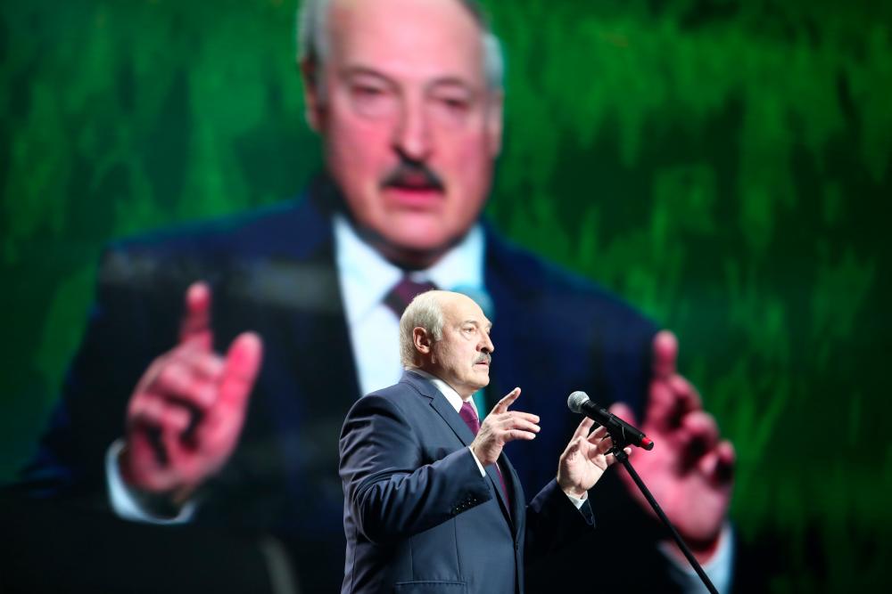 Belarusian President Alexander Lukashenko speaks at the forum of Union of Women in Minsk on Sept 17, 2020. — AFP