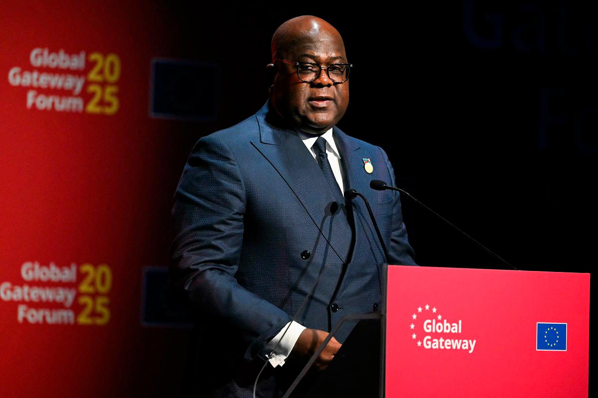 The Democratic Republic of the Congo’s President Felix Tshisekedi addresses the audience during the Global Gateway Forum 2025 at the Square - Brussels Meeting Centre, in Brussels on October 9, 2025. - NICOLAS TUCAT / AFP