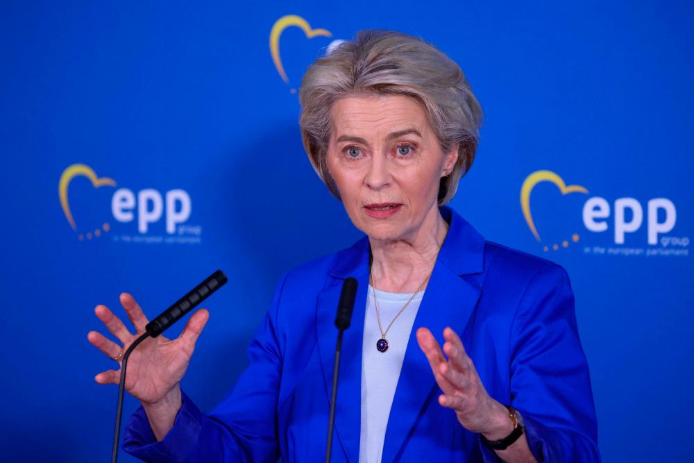 European Commission President Ursula von der Leyen addressing media during a press conference with Chairman of the center-right European People Party group (EPP) at the European Parliament in Brussels, on February 21, 2024/AFPPix