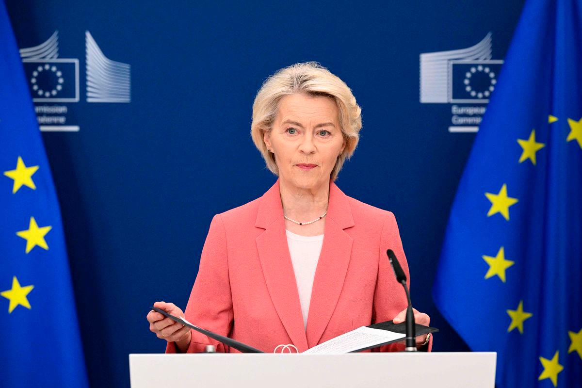 European Commission President Ursula Von der Leyen delivers a statement after a Russian missile and drone attack on apartment blocks of the Ukrainian capital Kyiv that killed at least 14 people, including three children, also hit the European Union mission’s building, at the EU headquarters in Brussels on August 28, 2025. (Photo by Nicolas TUCAT / AFP)