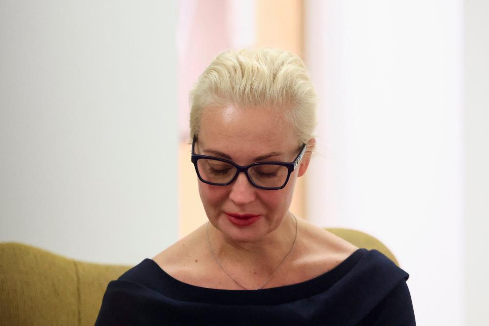 Leading Kremlin critic Alexei Navalny's widow Yulia Navalnaya reacts on the sidelines of a meeting of European Union Foreign Ministers in Brussels, Belgium, on February 19, 2024. - AFPPIX