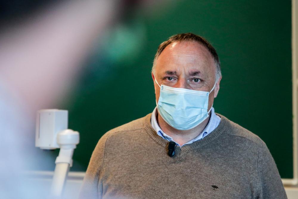 Marc Van Ranst, Belgian virologist at the Katholieke Universiteit Leuven and the Rega Institute for Medical Research, wears a face mask as he speaks during an interview on the Covid-19 (novel coronavirus) pandemic, in Leuven, on Sept 11, 2020. — AFP
