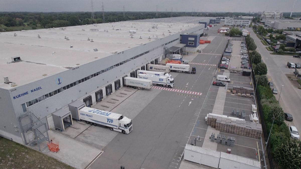 This aerial image grabbed from an AFP video shows a Belgian warehouse of Swiss global transport and logistics company Kuehne + Nagel, which according to a 2022 document of Washington-based development firm Chemonics, has been used to store US-funded women’s contraception products intended for some of the world’s poorest countries. AFPPix