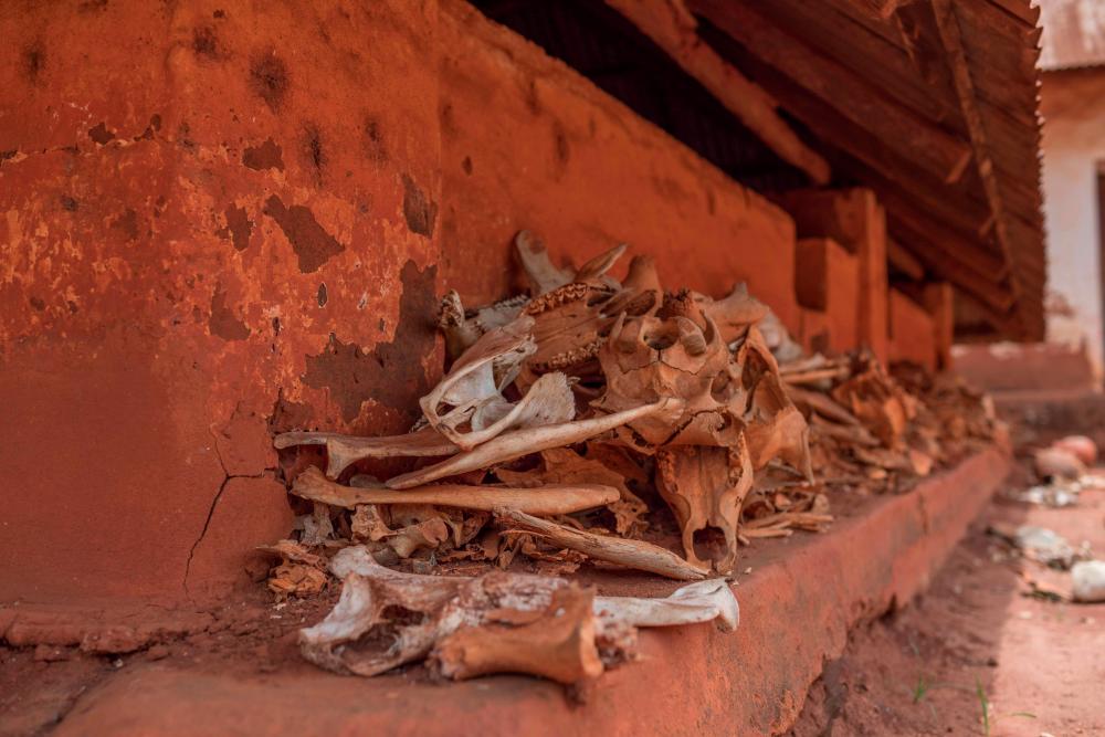 A picture taken on May 1, 2019 in Abomey-Calavi shows a skeletons displayed in the parc of the historical museum of Abomey, a 47 hectares site composed by a set of royal palaces, inscribed on the list of the world heritage of Unesco since December 1985. — AFP