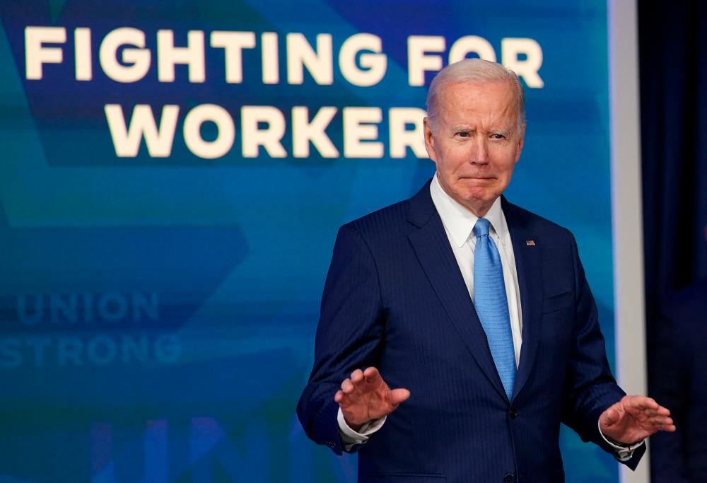 US President Joe Biden arriving to speak about building a stronger economy for union workers and retirees at the White House in Washington on Thursday. – Reuterspic