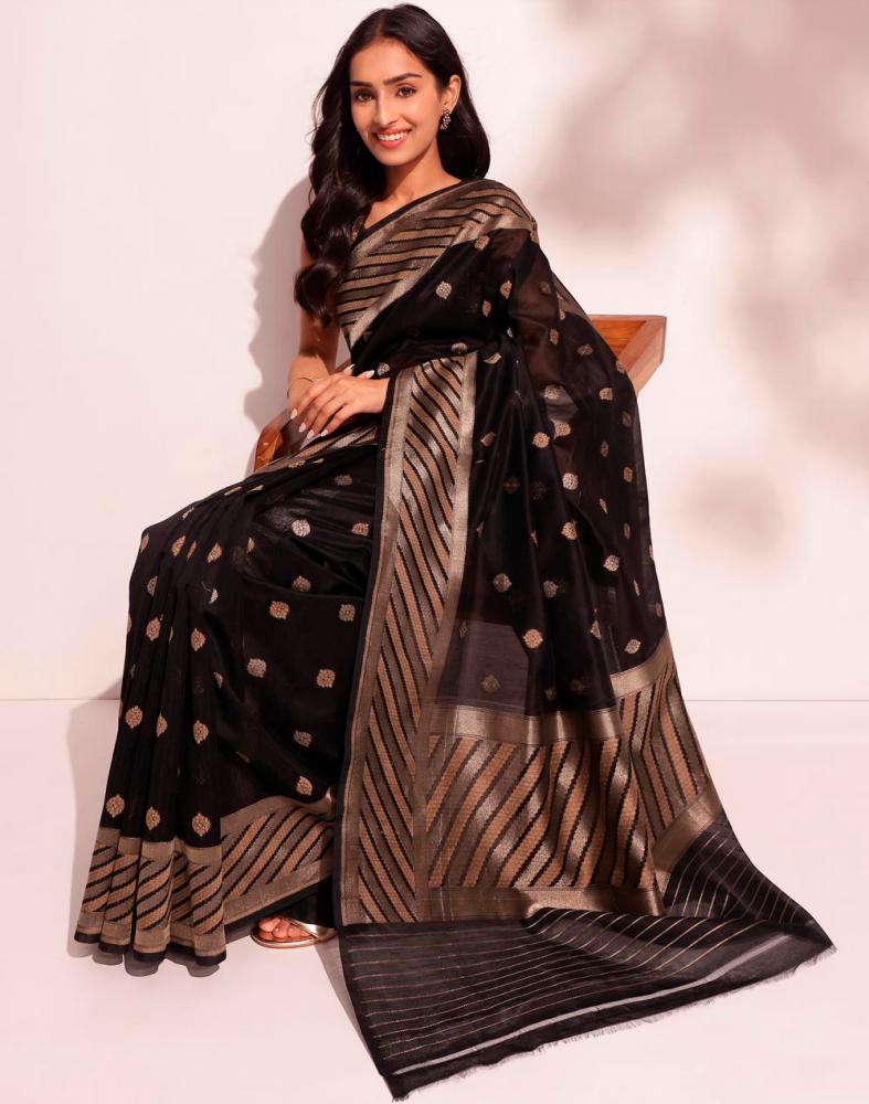 $!Black cotton-silk blend saree with gold border and motifs.