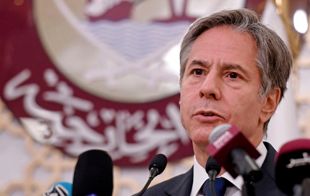 US Secretary of State Antony Blinken speaks during a joint press conference at the Ministry of Foreign Affairs in the Qatari capital Doha, on September 7, 2021. Blinken said that the Taliban had reiterated a pledge to allow Afghans to freely depart Afghanistan following his meeting with Qatari officials on accelerating evacuations. -AFPPix