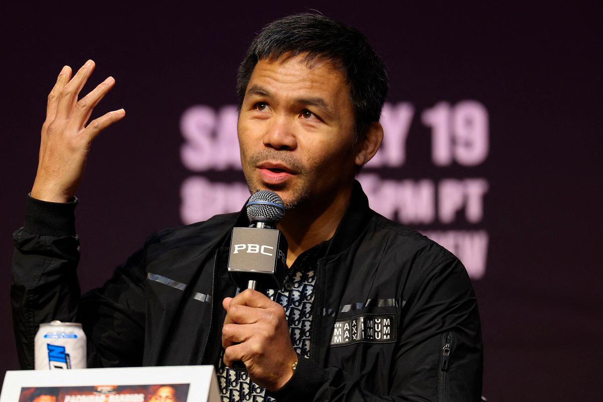 Filipino boxer Manny Pacquiao speaks during the press conference ahead of his July 19 WBC welterweight title fight against Mexican-US boxer Mario Barrios at the NOVO at L.A. Live in Los Angeles on June 3, 2025. - Patrick T. Fallon / AFP