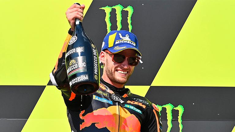 Winner Red Bull KTM Factory Racing´s South African Brad Binder celebrates during the winner’s ceremony after the Moto GP Czech Grand Prix at Masaryk circuit in Brno yesterday. – AFPPIX