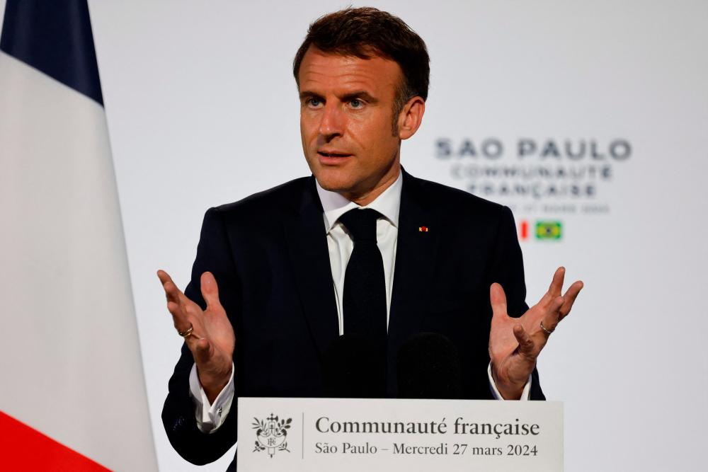 France’s President Emmanuel Macron delivers a speech for the Communaute Francaise in Sao Paulo, Brazil on March 27, 2024/AFPpix