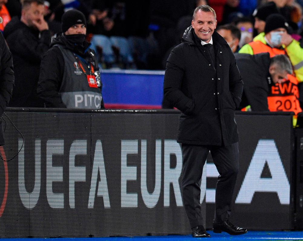 Leicester City's Northern Irish manager Brendan Rodgers reacts during the UEFA Europa League Group C football match between Leicester City and Legia Warszawa at the King Power Stadium in Leicester, central England on November 25, 2021. AFPpix