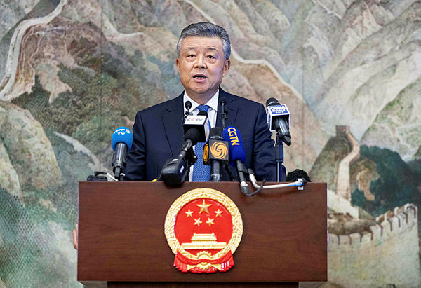 China’s ambassador to Britain Liu Xiaoming speaks to members of the media during a press conference relating to continuing unrest in Hong Kong, at the Chinese Embassy in London on November 18, 2019. — AFP
