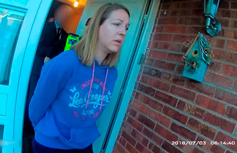 Filepix: A handout image taken from police bodycam footage released by Cheshire Constabulary police force in Manchester on August 17, 2023, shows the nurse Lucy Letby being arrested at home in Chester on July 3, 2018/AFPPix