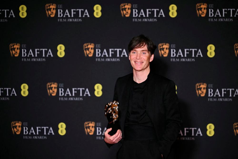 Murphy poses with the Bafta for Best Leading Actor award for Oppenheimer at the Royal Festival Hall, Southbank Centre, in London. - PIC BY JUSTIN TALLIS / AFP