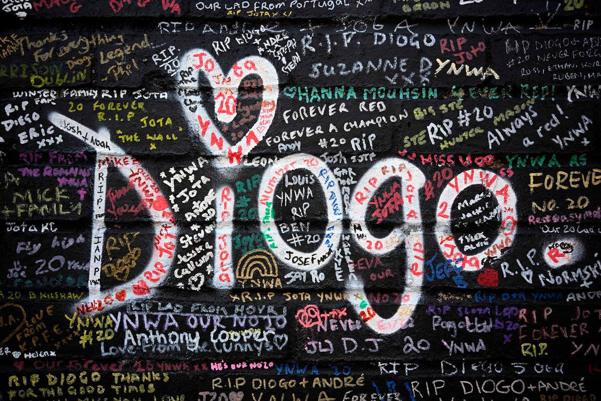 The mural, dedicated to the Portugese footballer who died in a car crash last month, has been created by artist Murwalls and is located adjacent to Anfield stadium in Liverpool, north west England. Paul ELLIS / AFPPix