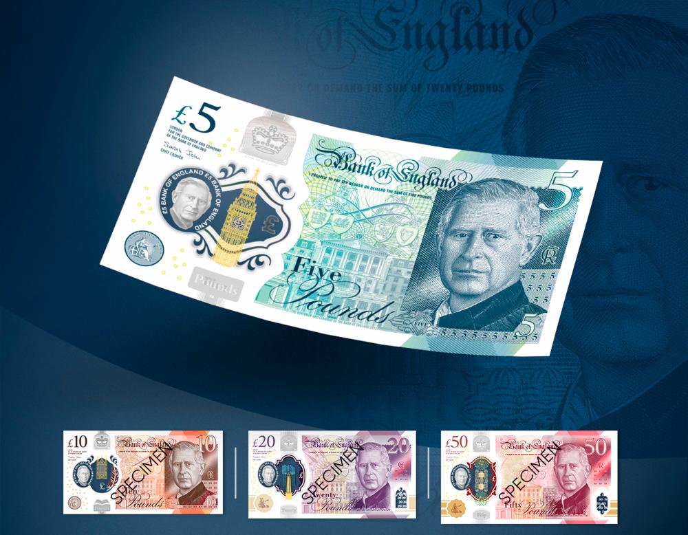 A handout photograph released by the Bank of England in London on December 19, 2022 shows the design of the new five, ten, twenty and fifty pound polymer banknotes featuring a portrait of Britain’s King Charles III, that are expected to enter circulation by mid-2024/AFPPix