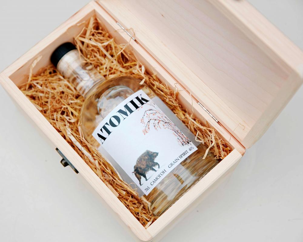 An undated handout photo received in London on Aug 8, 2019 from by The University of Portsmouth show a boxed, labelled bottle of 'ATOMIK' vodka. — AFP