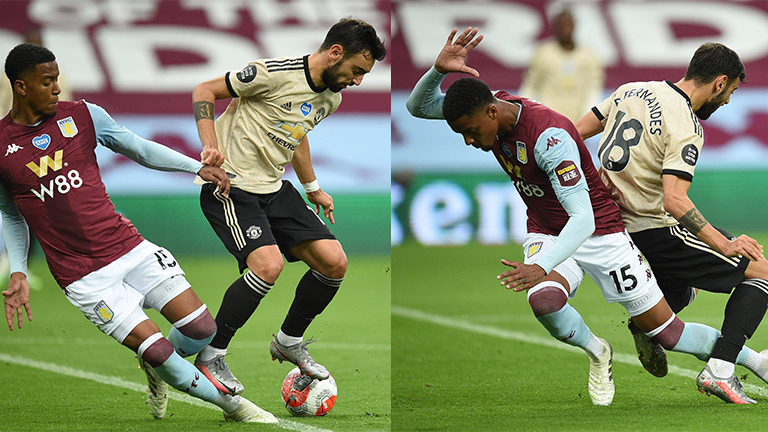 COMBO PIX: Aston Villa’s Ezri Konsa (left) concedes a penalty fo this challenge on Manchester United’s Bruno Fernandes during the English Premier League match at Villa Park on July 9, 2020. – AFPPIX