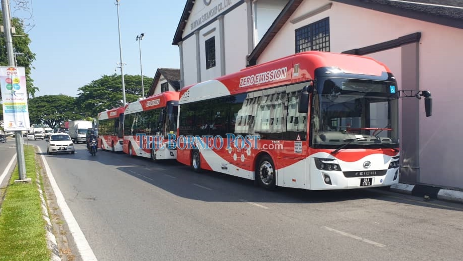 The hydrogen buses were spotted around Kuching city today as they undergo their trial runs until Aug 14. — Borneo Post photo
