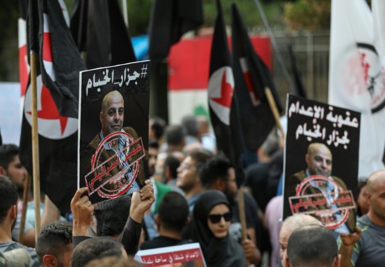Former detainees of the pro-Israel South Lebanon Army (SLA) militia protested in Beirut on Thursday with posters of Amer al-Fakhoury marked “the butcher of Khiyam”. — AFP