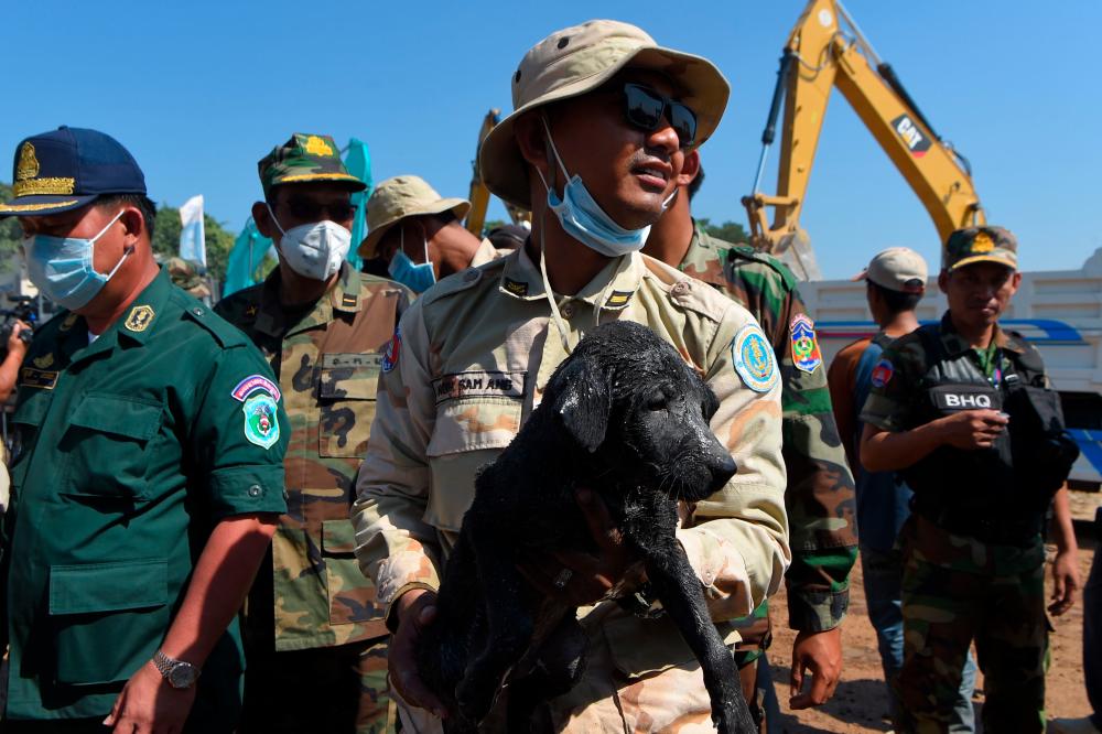 A rescuer carries a puppy that was found underneath rubble at the site where an under-construction building collapsed on January 3, in southern Cambodia's coastal Kep province on January 5, 2020. - AFP