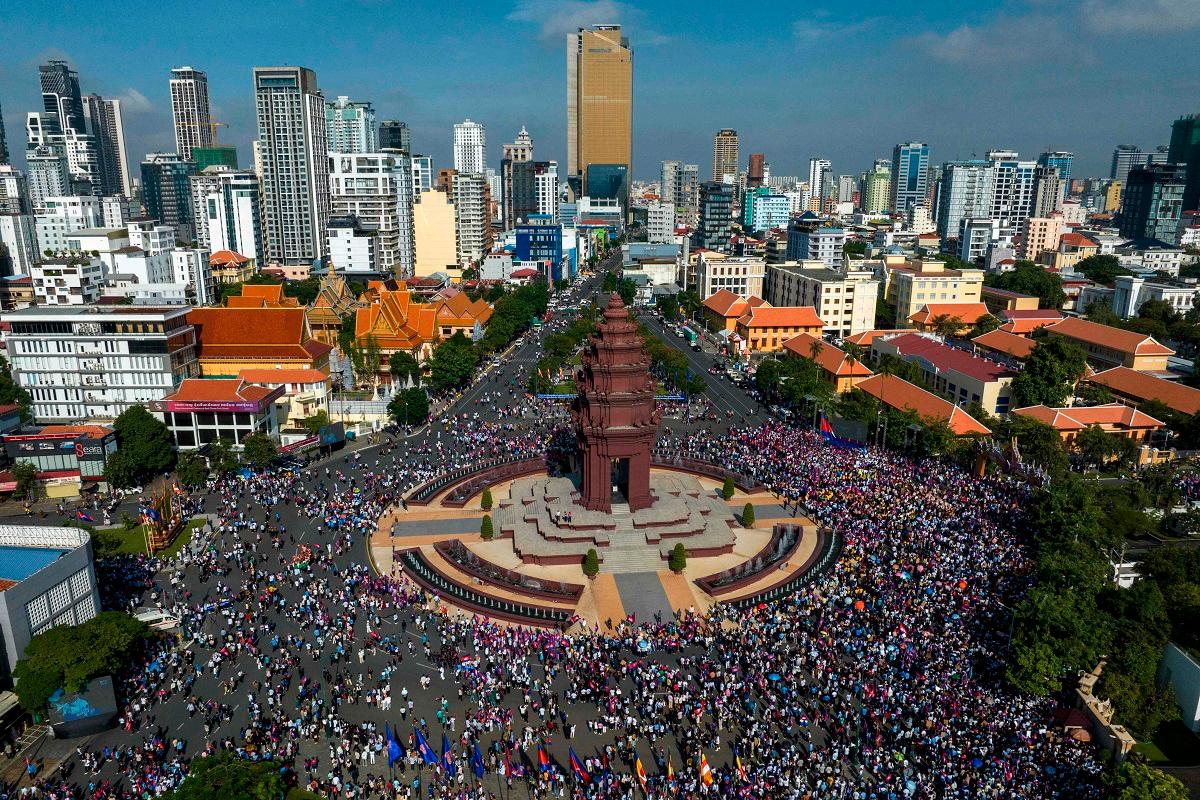 Tens of thousands of Cambodians took to the streets of Phnom Penh on June 18 for an official rally to support the government’s actions in its recent border dispute with Thailand. - Handout / UNION OF YOUTH FEDERATIONS OF CAMBODIA (UYFC) / AFP