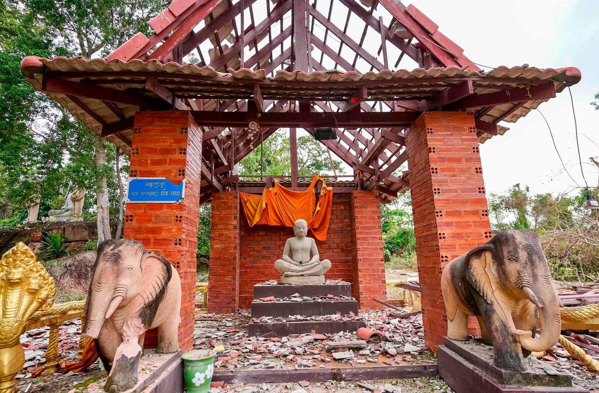 A pagoda damaged by Thai artillery is pictured in Oddar Meanchey province on July 25, 2025. AFPPix