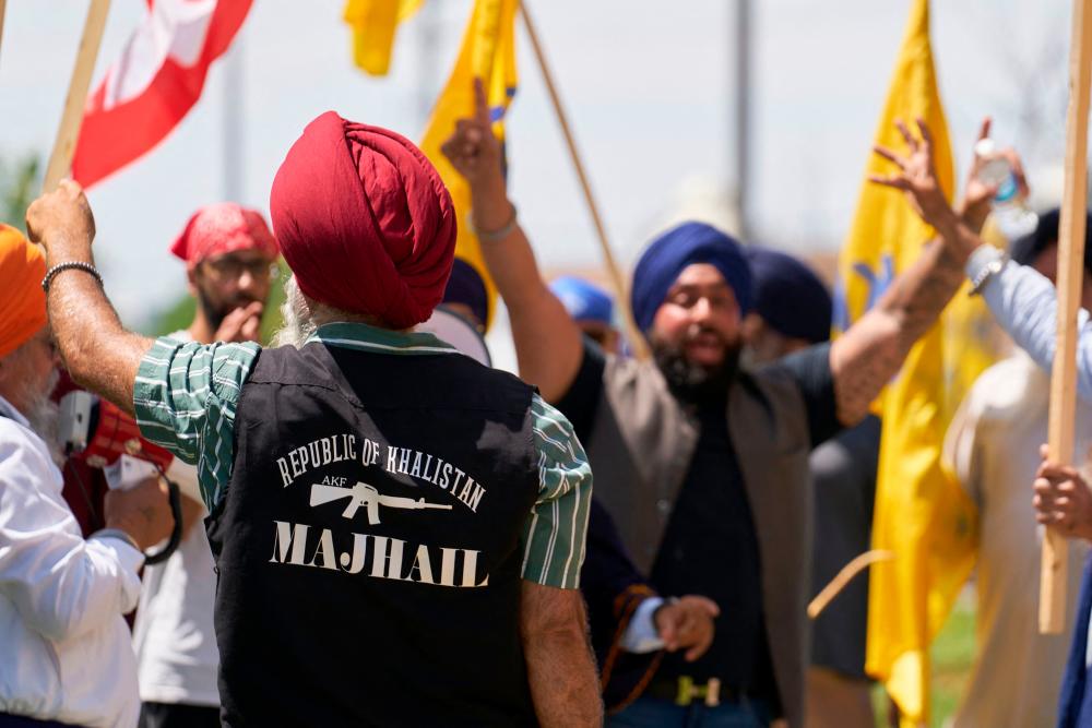 Sikhs protest for the independence of Khalistan in front of the Indian Consulate in Toronto, Canada, on July 8, 2023. - AFPPIX