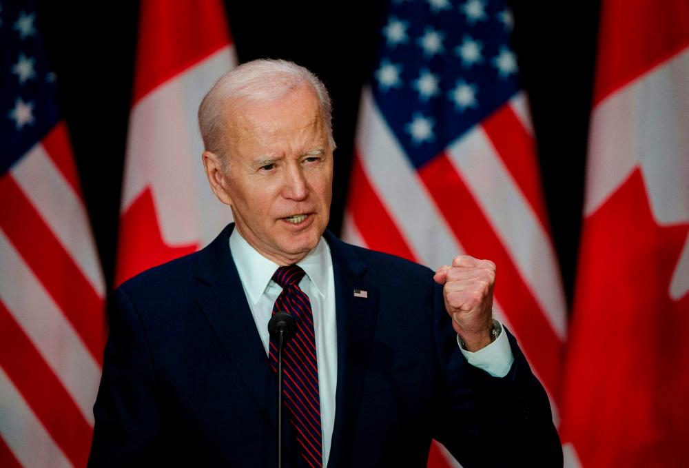 US President Joe Biden holds a joint press conference with Canada’s Prime Minister Justin Trudeau, not pictured, at the Sir John A. Macdonald Building in Ottawa, Canada, on March 24, 2023, AFPPIX